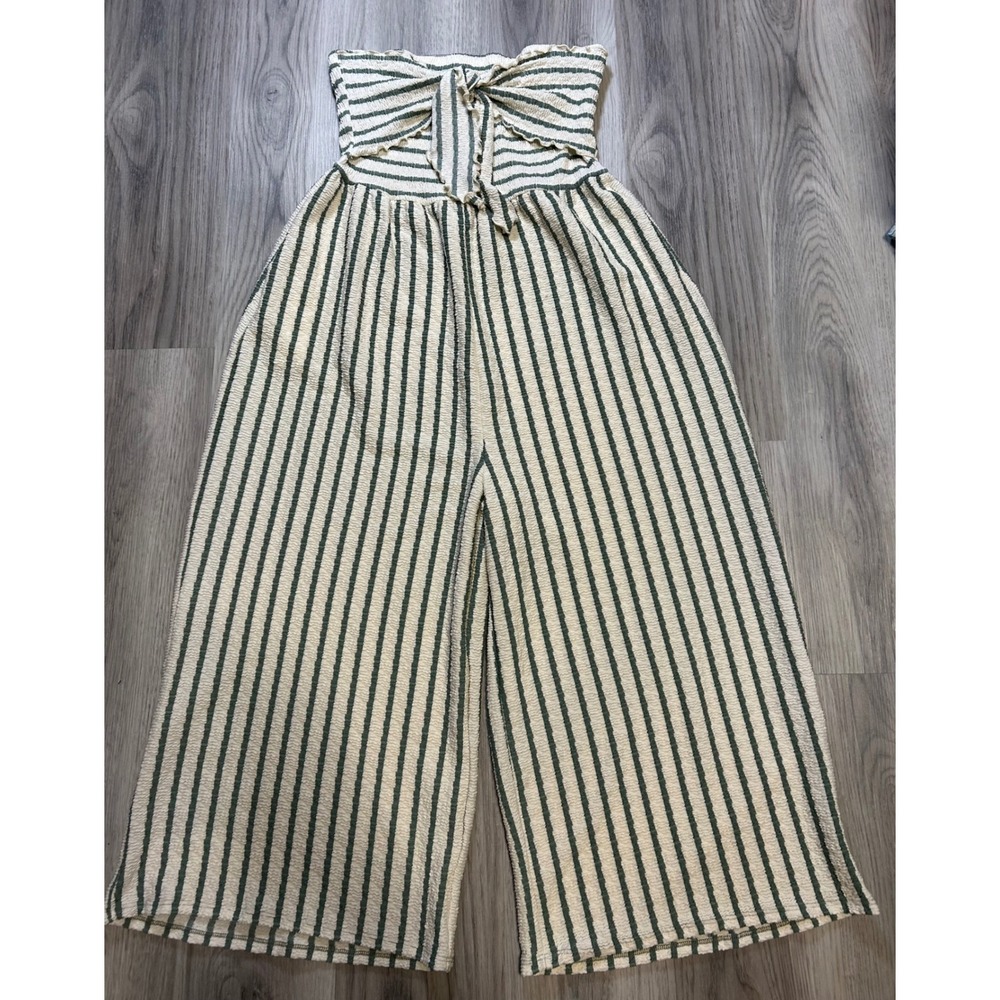Jolie Womens Textured Stripe Strapless Wide Leg Jumpsuit Cotton Blend L Green